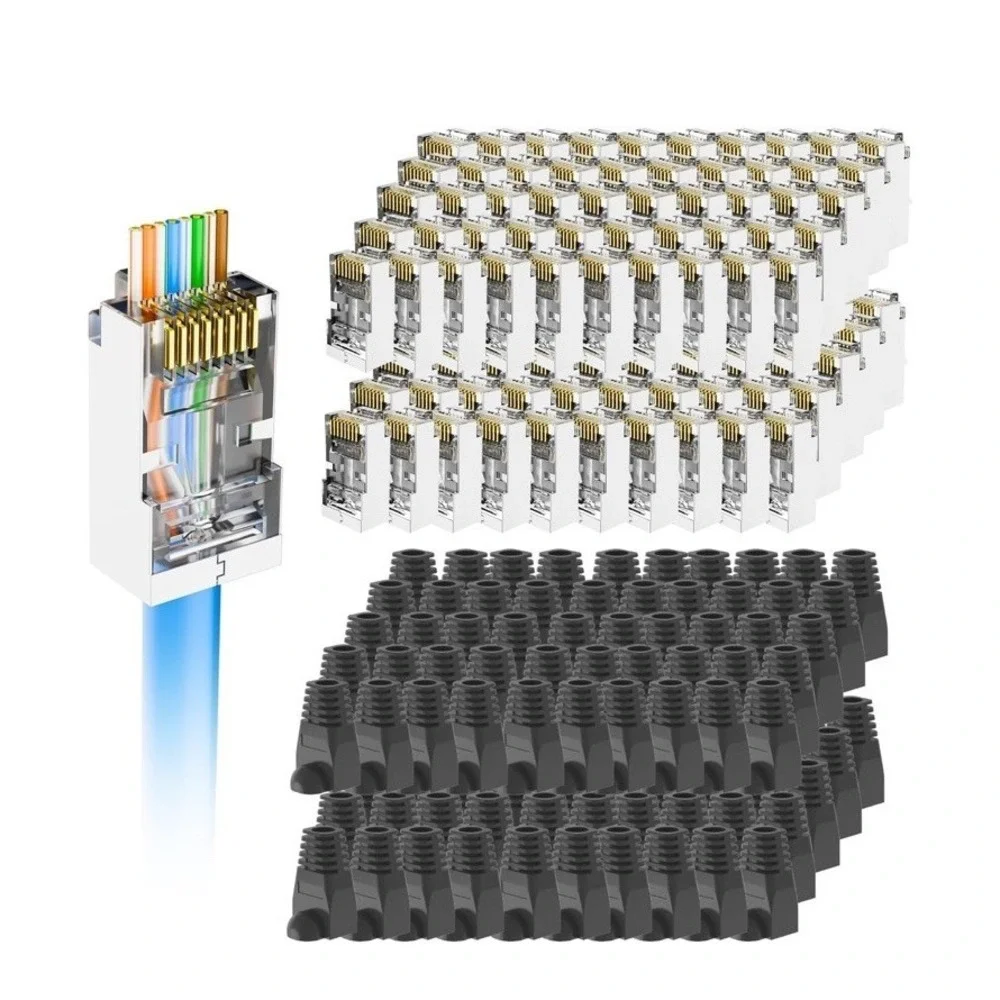 VCELINK Cat5e RJ45 Pass Through Connectors w/ RJ45 Strain Relief Boots 100-Pack